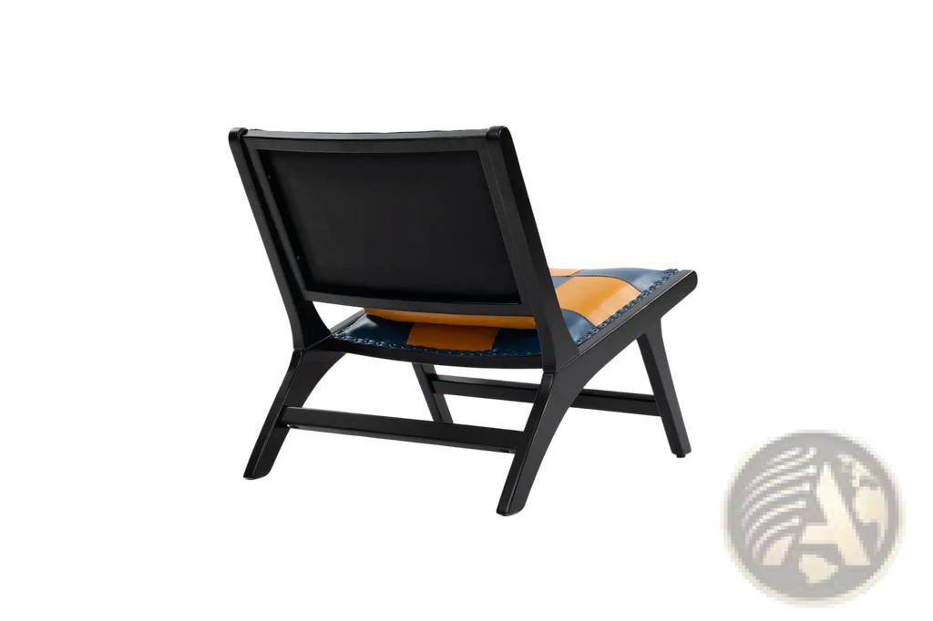 Modern boho accent chair lounge chair with black frame and vibrant orange and navy blue patchwork leather seat