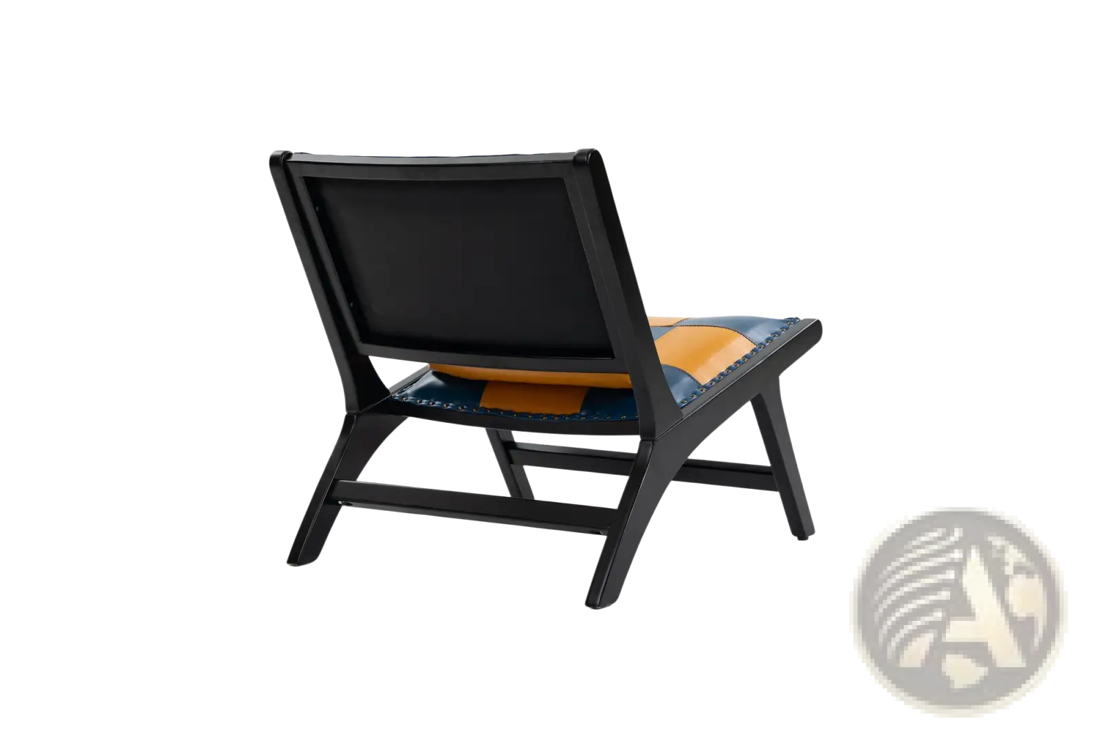Modern boho accent chair lounge chair with black frame and vibrant orange and navy blue patchwork leather seat