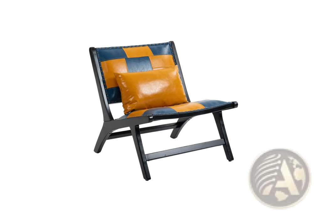 A modern boho accent lounge chair with a black frame and vibrant orange and navy blue patchwork leather upholstery