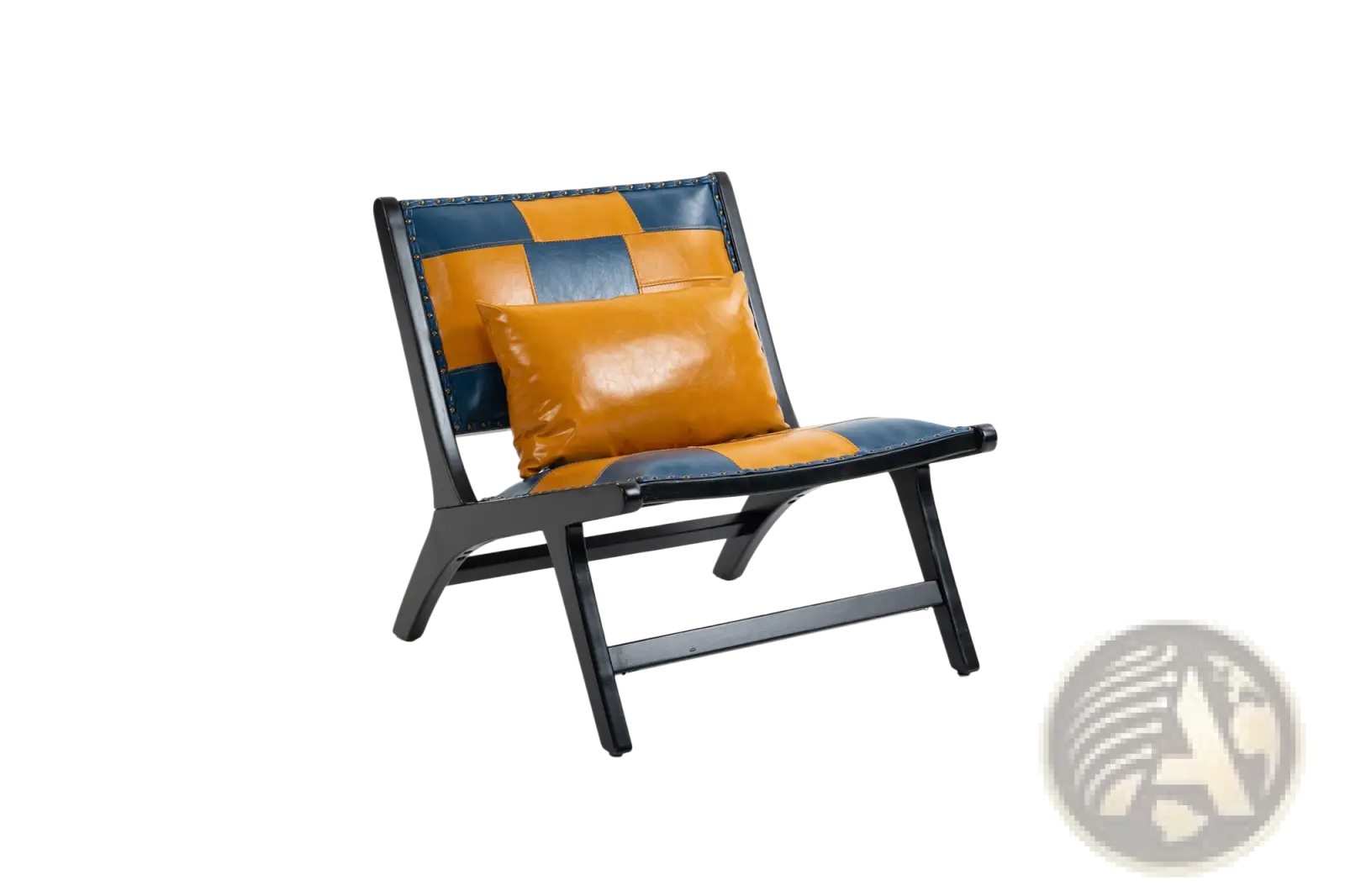 A modern boho accent lounge chair with a black frame and vibrant orange and navy blue patchwork leather upholstery
