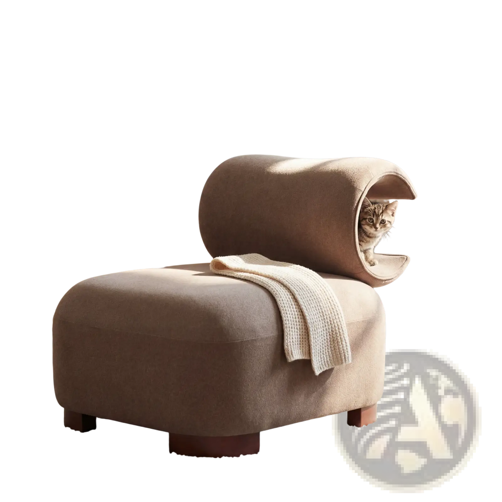 Modern brown polyester pet friendly accent chair featuring a beige upholstered cat bed with cozy tunnel entrance
