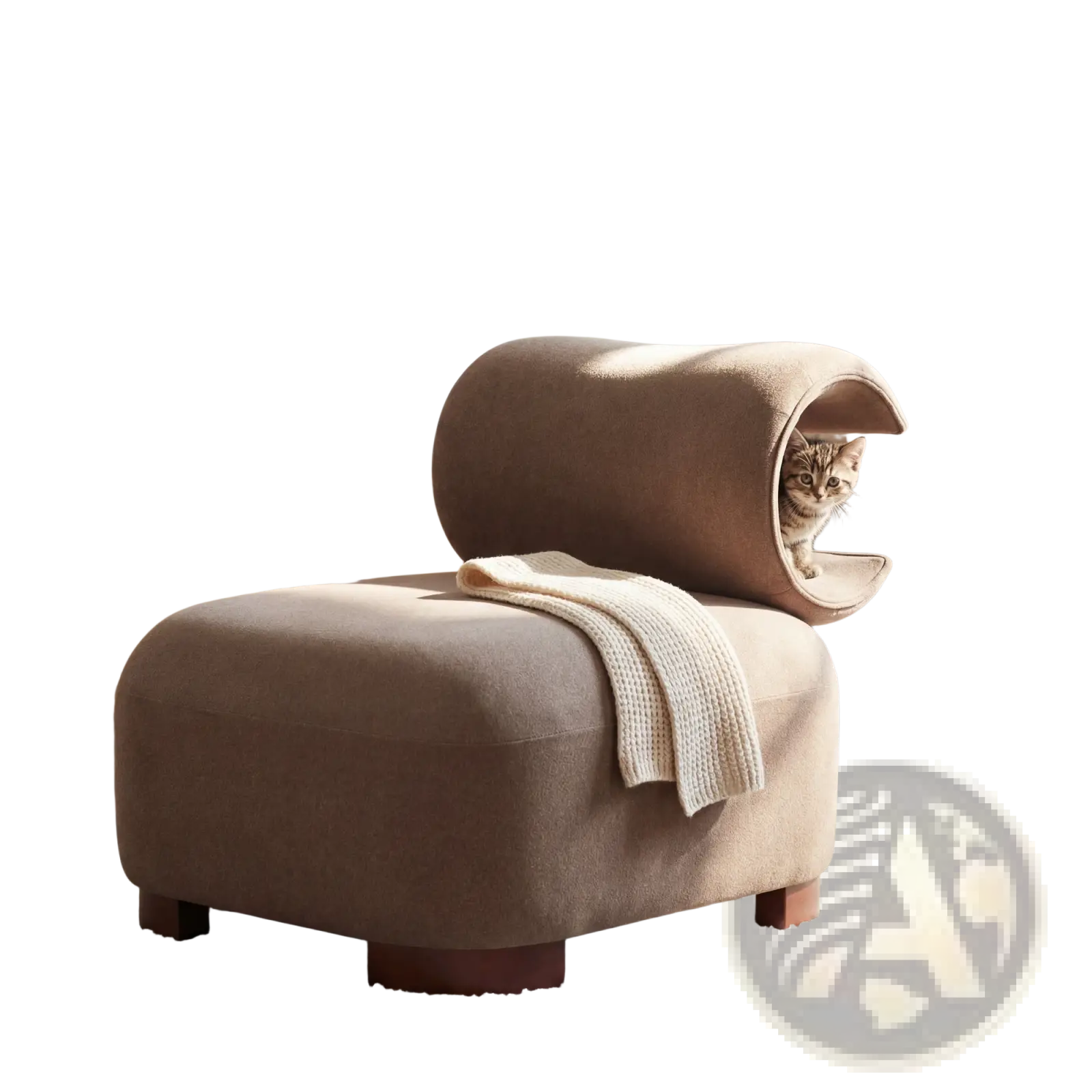 Modern brown polyester pet friendly accent chair featuring a beige upholstered cat bed with cozy tunnel entrance