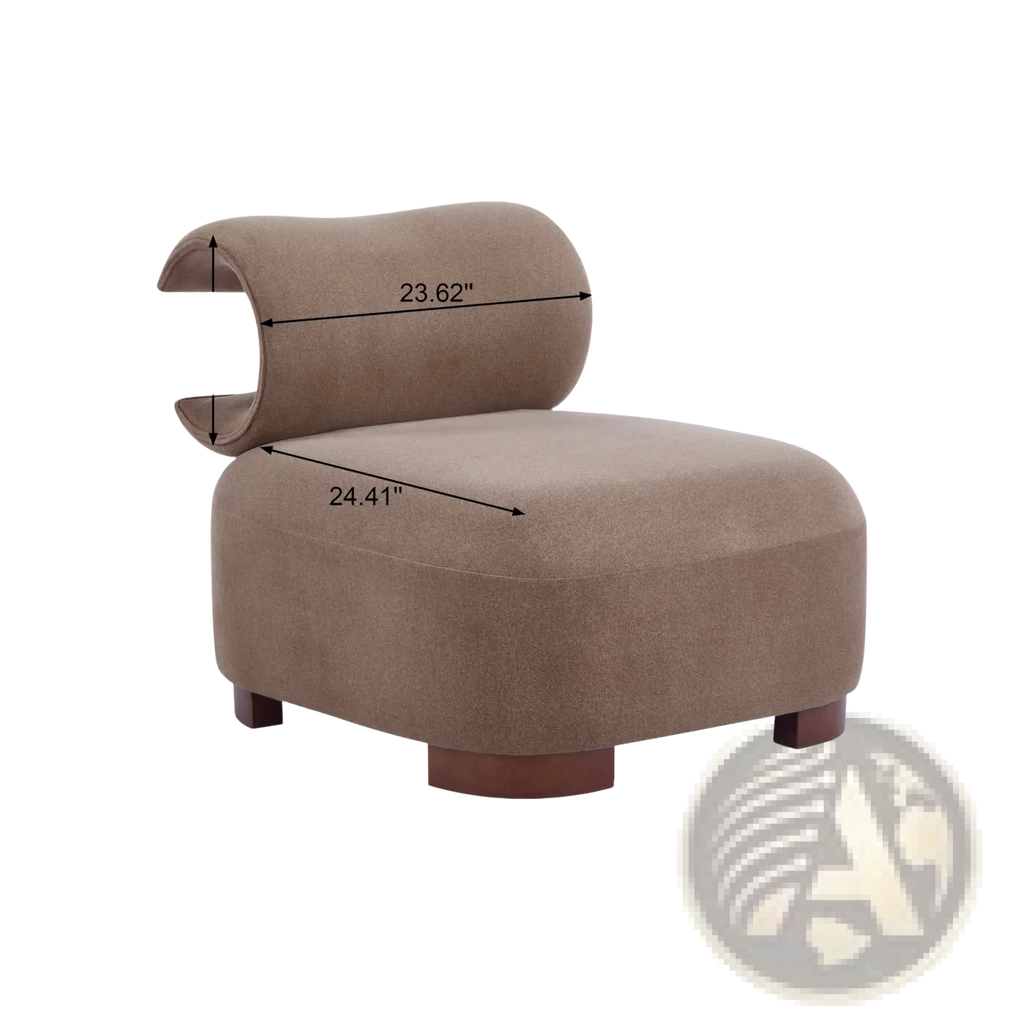 Modern brown polyester pet friendly accent chair with beige upholstery, curved backrest, and wooden legs