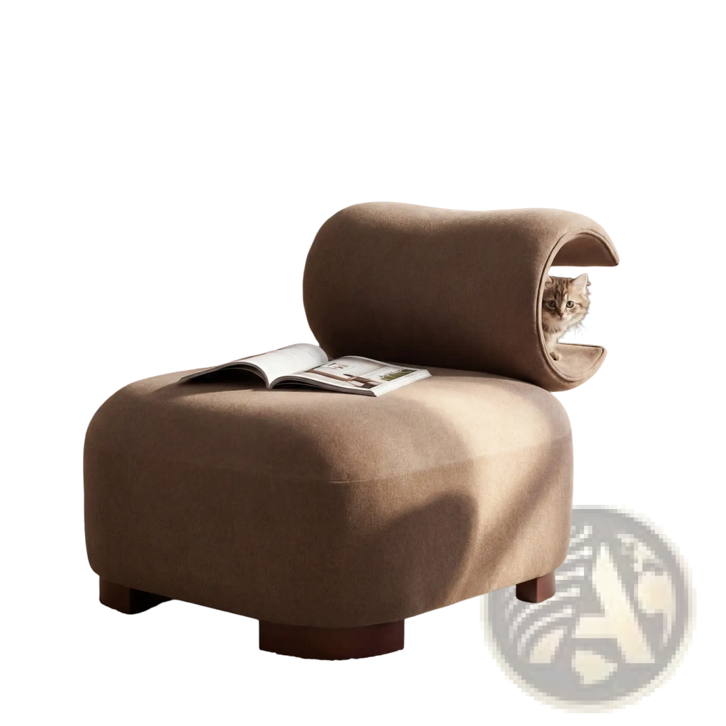A taupe-colored polyester modern pet friendly accent chair with a cozy tunnel-like upholstered cat bed design