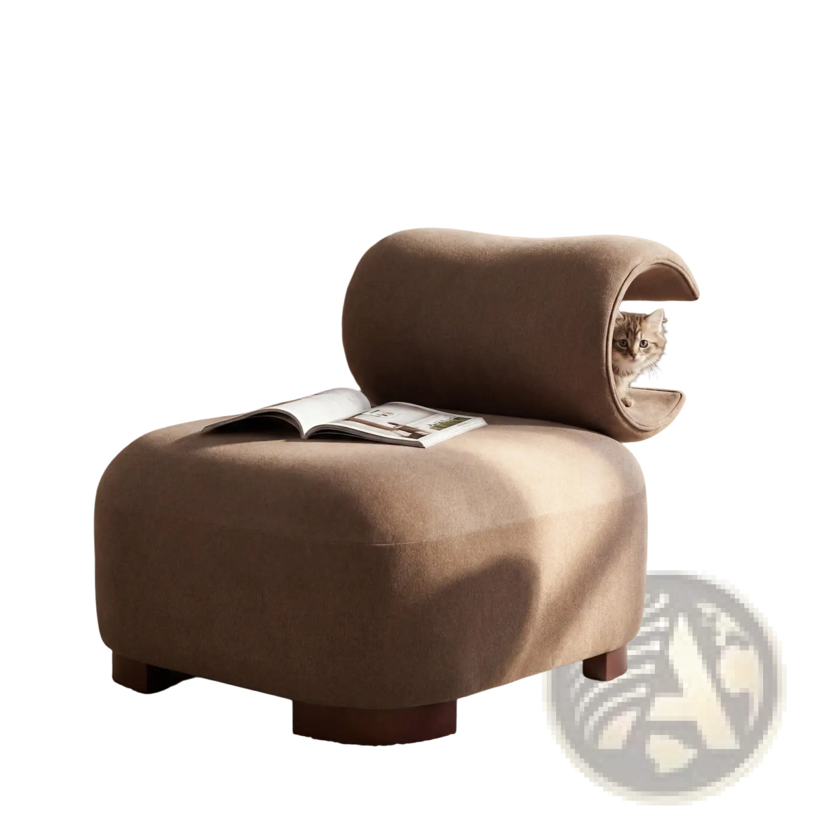 A taupe-colored polyester modern pet friendly accent chair with a cozy tunnel-like upholstered cat bed design