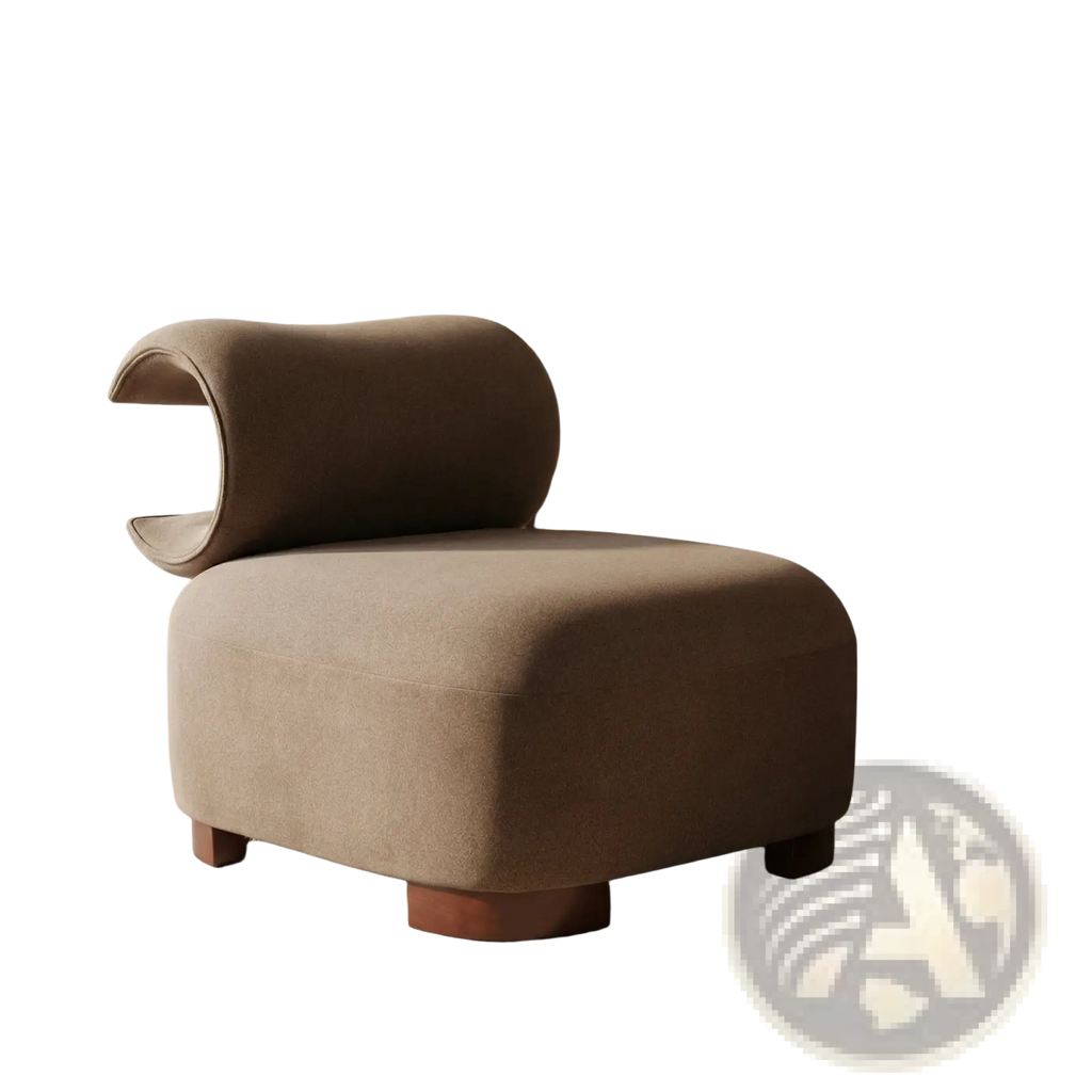 Modern brown polyester pet friendly accent chair with taupe upholstery and sculpted wooden legs and curved backrest