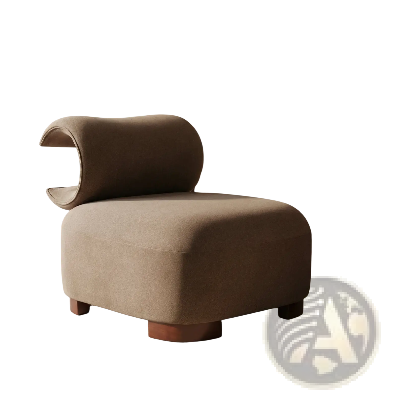 Modern brown polyester pet friendly accent chair with taupe upholstery and sculpted wooden legs and curved backrest