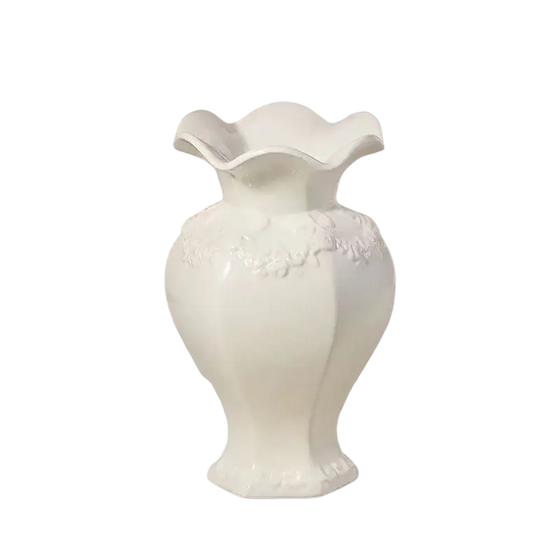 Modern ceramic vase white ceramic with fluted rim and embossed floral detailing perfect for room decor