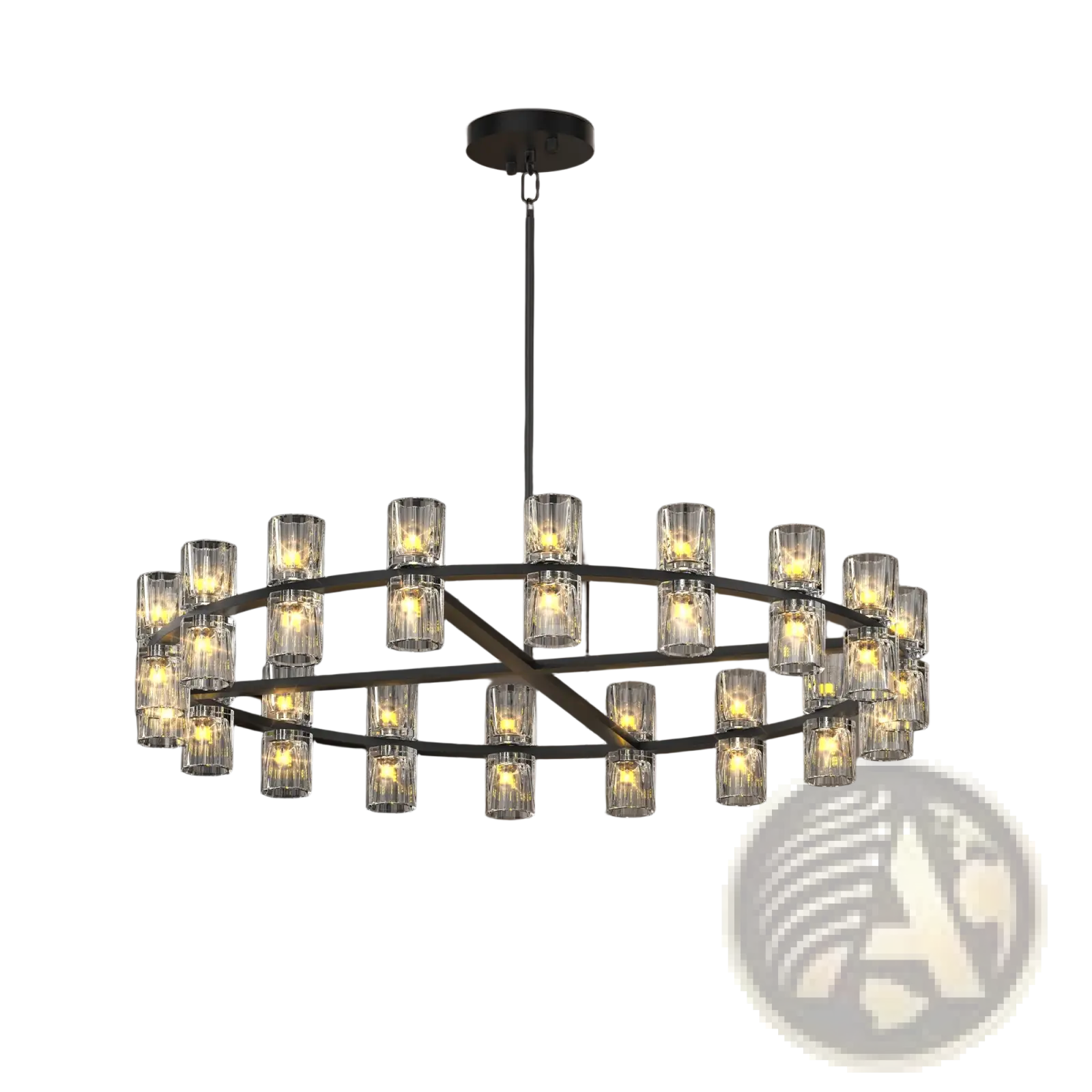 Modern black metal chandelier featuring multiple clear glass candle-style bulbs with a double ring LED light design