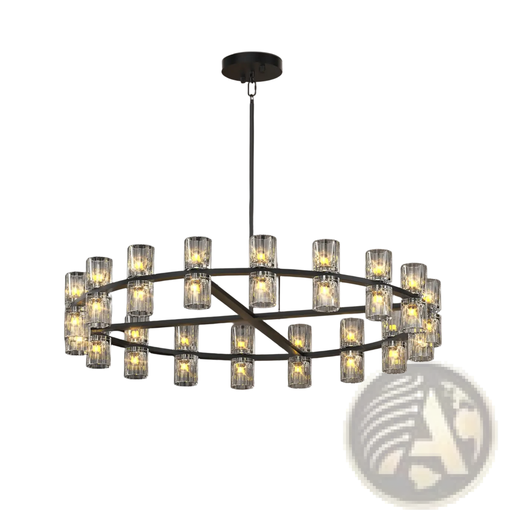 Modern crystal chandelier black led double ring light with clear glass candle-style bulbs and black metal frame