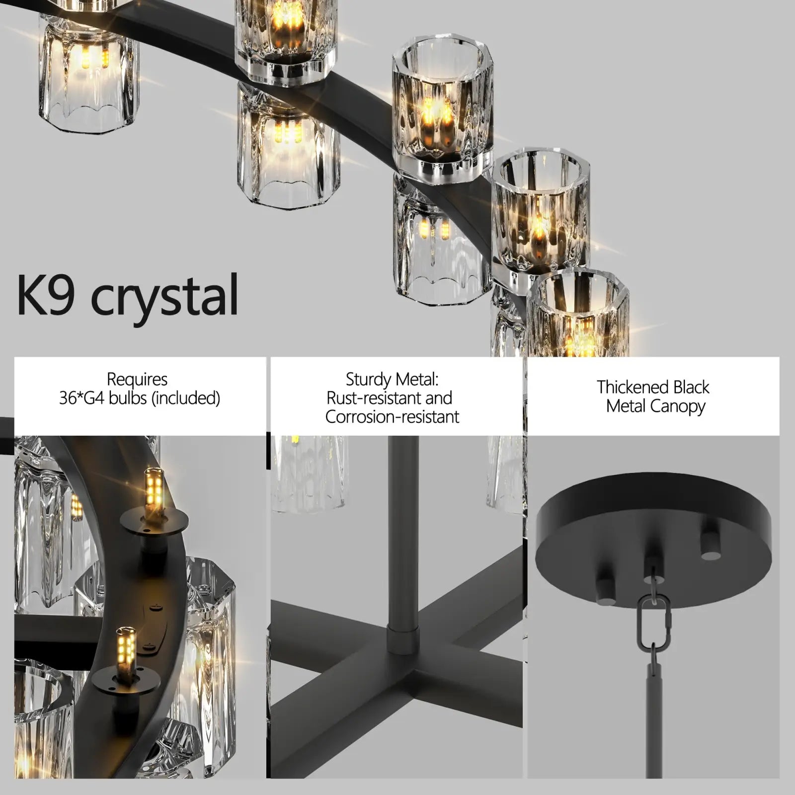 Black metal modern crystal chandelier with faceted k9 crystal shades and led double ring light design