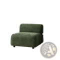 Modern curved upholstered accent chair in emerald green with plush fabric and minimalist low-profile legs