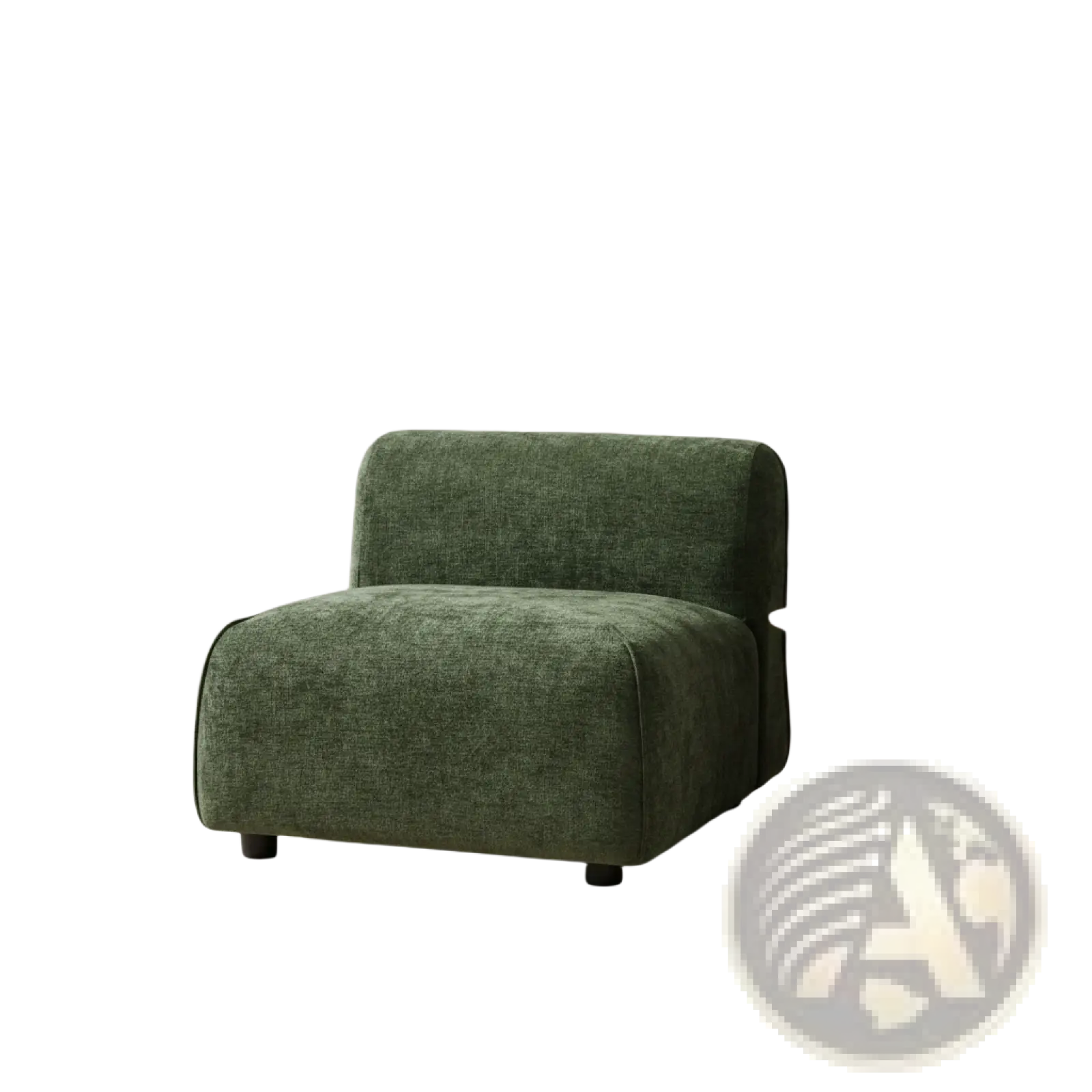 Modern curved upholstered accent chair in emerald green with plush fabric and minimalist low-profile legs