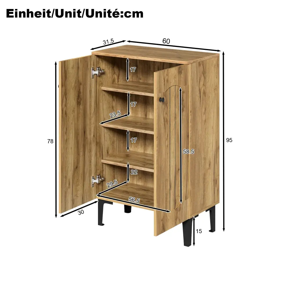 Modern light brown double door shoe cabinet with black metal legs and multiple adjustable wooden shelves