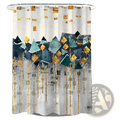 Modern geometric navy and gold shower curtain with teal gold and gray abstract design on textured white fabric