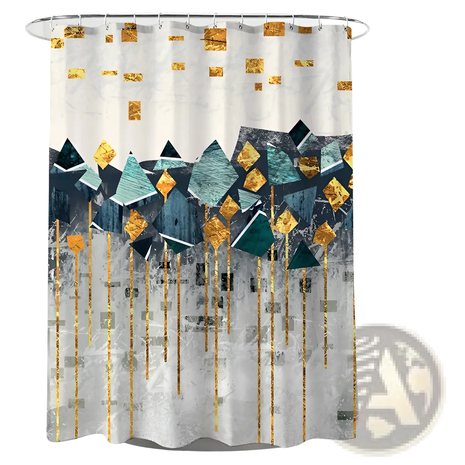Modern geometric navy and gold shower curtain with teal gold and gray abstract design on textured white fabric