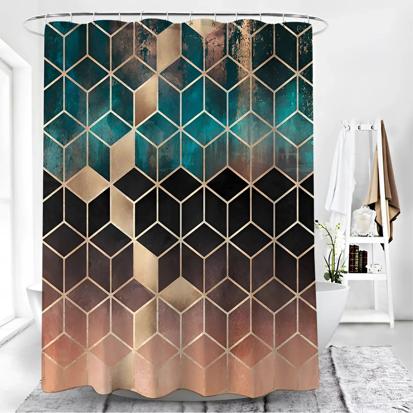 Modern geometric navy and gold shower curtain with teal gold and black gradient and metallic 3d cube pattern