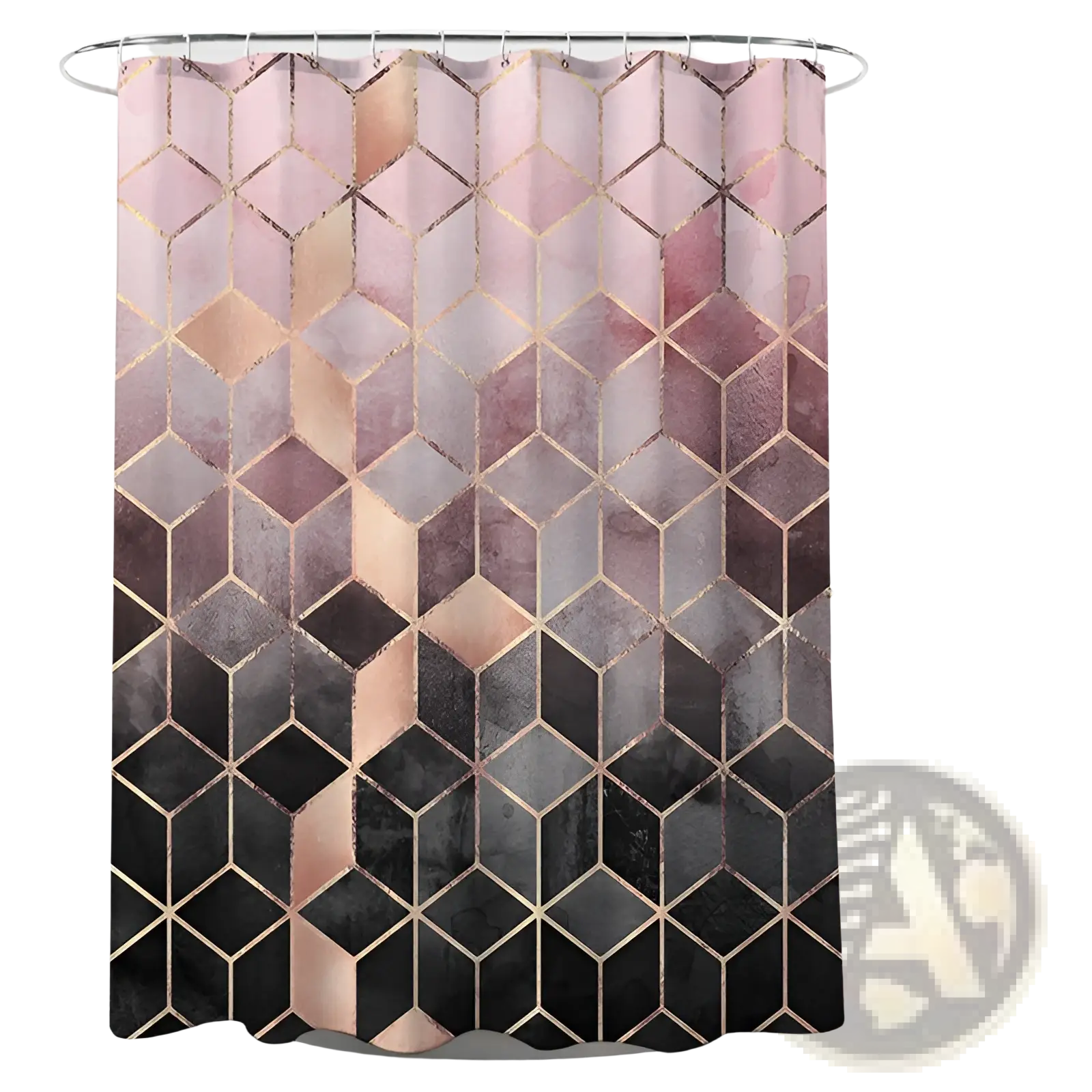 Modern geometric navy and gold shower curtain with rose gold mauve and black hexagons and metallic outlines