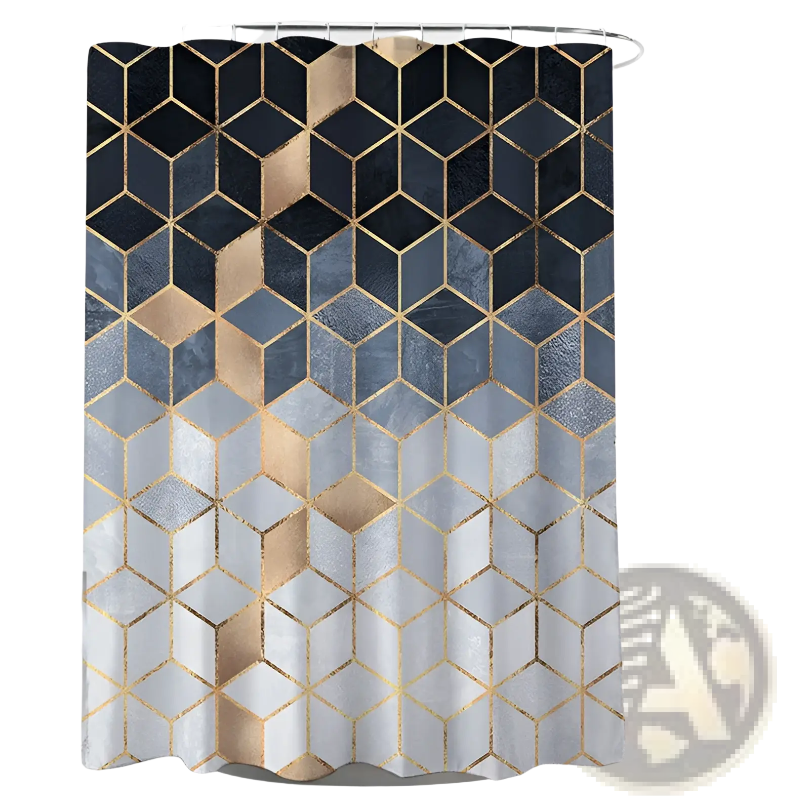 A modern geometric navy and gold shower curtain with interlocking hexagons and gradient gray shades