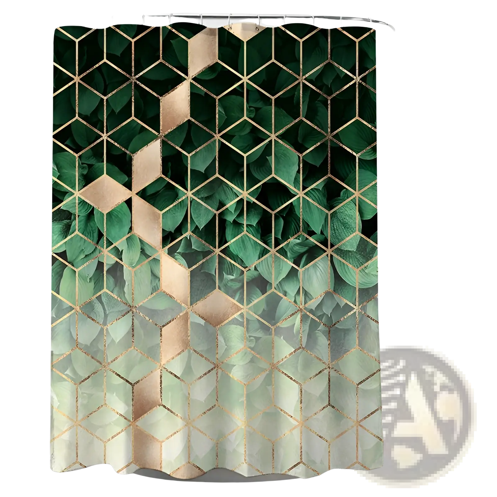 Modern geometric navy and gold shower curtain featuring a green and gold leaf patterned fabric for bathroom decor