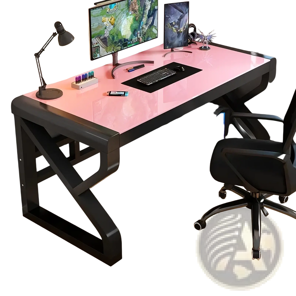 Modern glass office desk with pink glass top and black frame featuring storage shelves for organized workspace