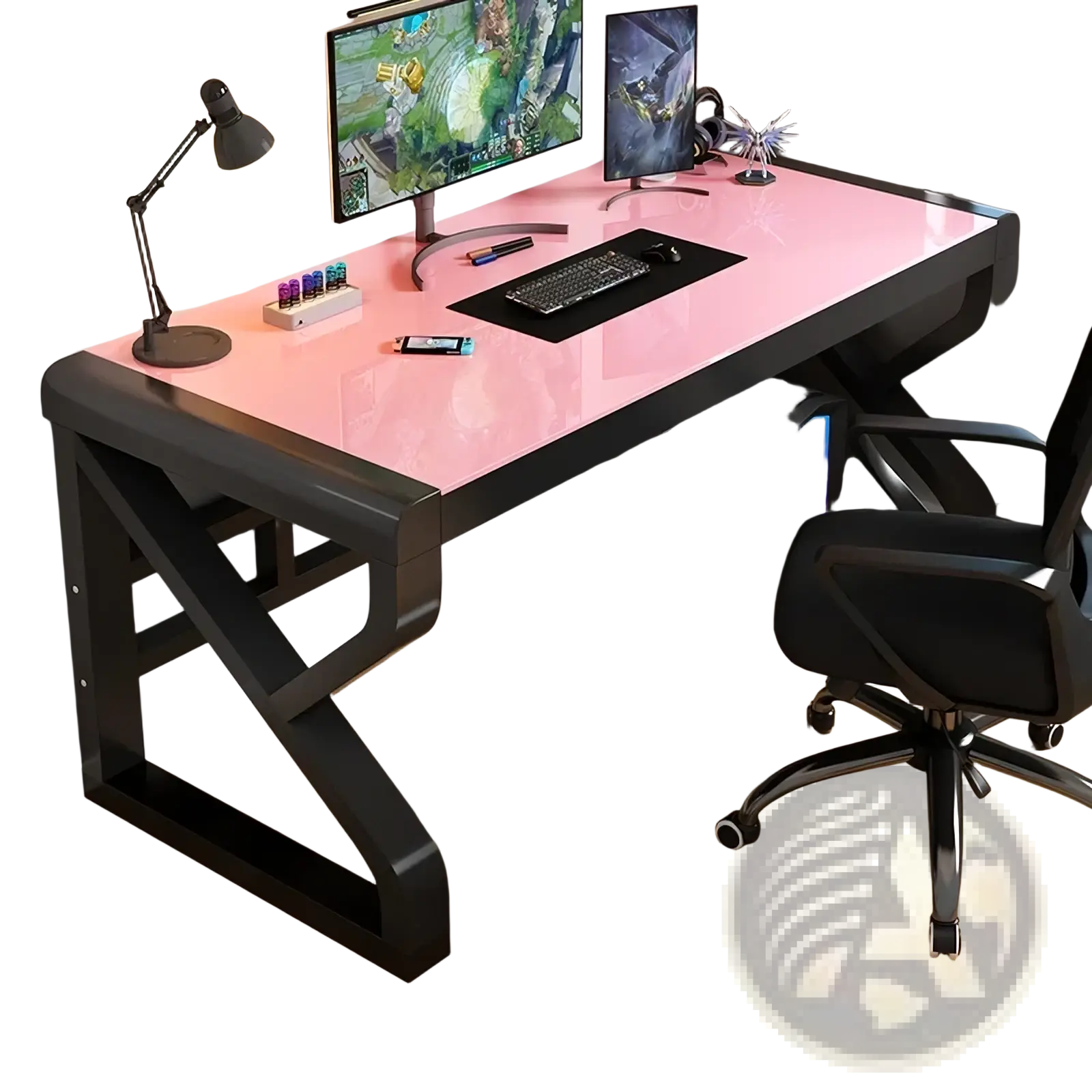 Modern glass office desk with pink glass top and black frame featuring storage shelves for organized workspace