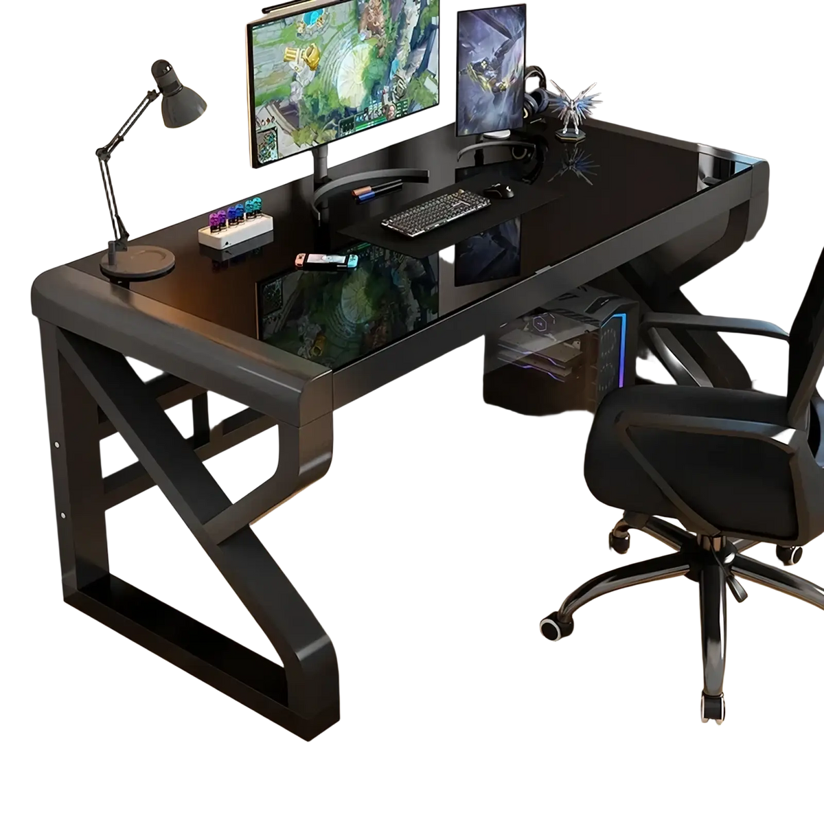 Modern glass office desk with black glass top and sturdy black steel frame featuring storage shelves for organization