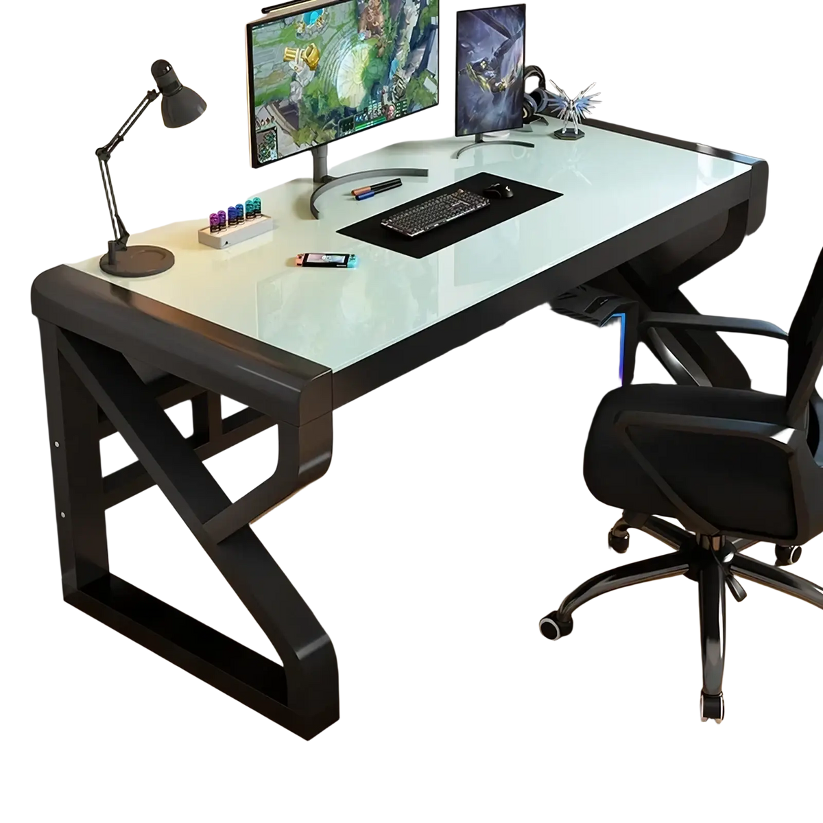 Modern glass office desk with black frame white glass top and storage shelves for organized workspace use