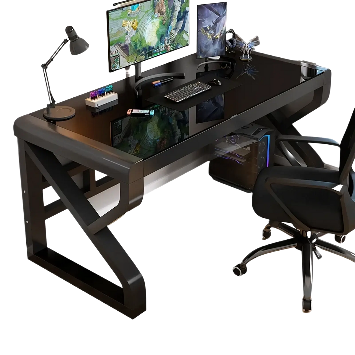 Modern glass office desk with black glossy surface, sleek angular legs, and integrated cable management system