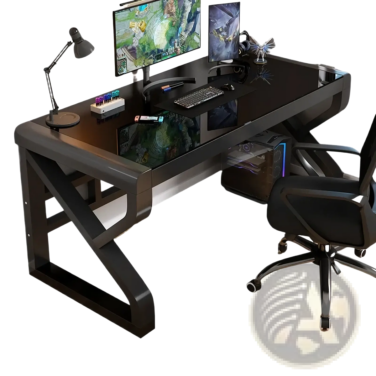 Modern glass office desk with black glossy surface, sleek angular legs, and integrated cable management system