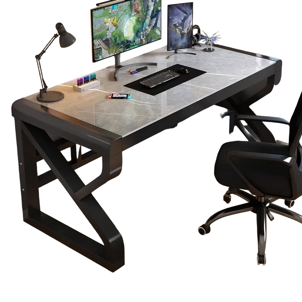 Modern black metal desk with sleek marble patterned top and storage shelves designed for an office workspace