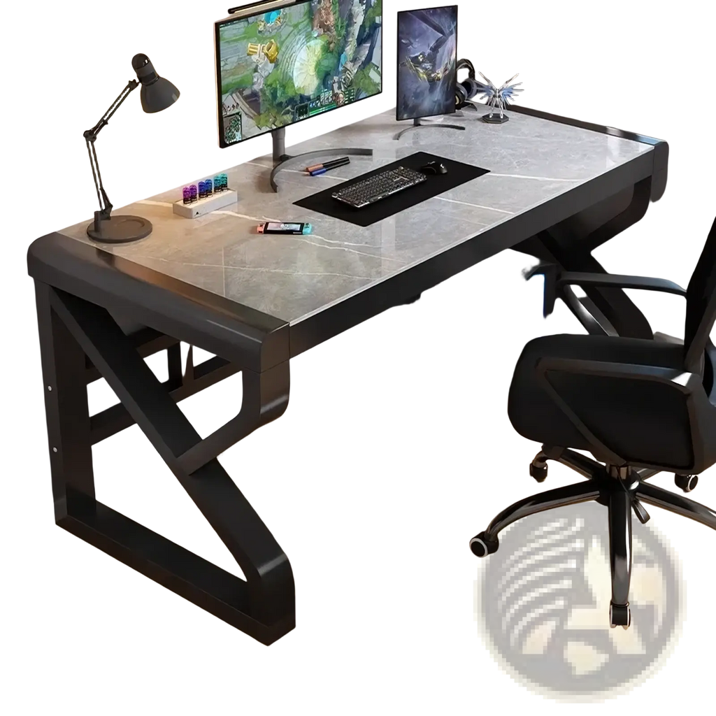 Modern black metal desk with sleek marble patterned top and storage shelves designed for an office workspace