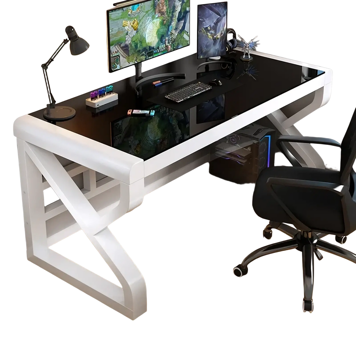 Modern glass office desk with storage shelves featuring a glossy black glass top and sleek white steel frame