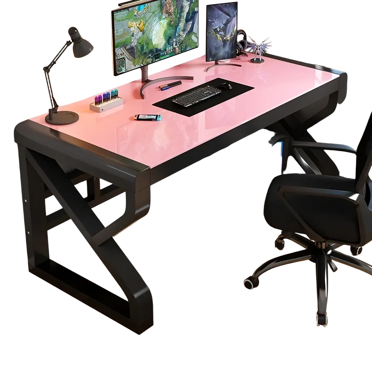 Modern glass office desk with pink glass top and black frame featuring storage shelves for organized workspace