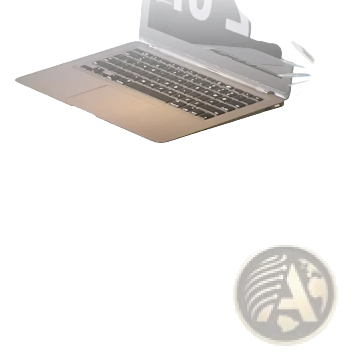 Silver laptop with black keyboard and trackpad on a reflective glass office desk with storage shelves