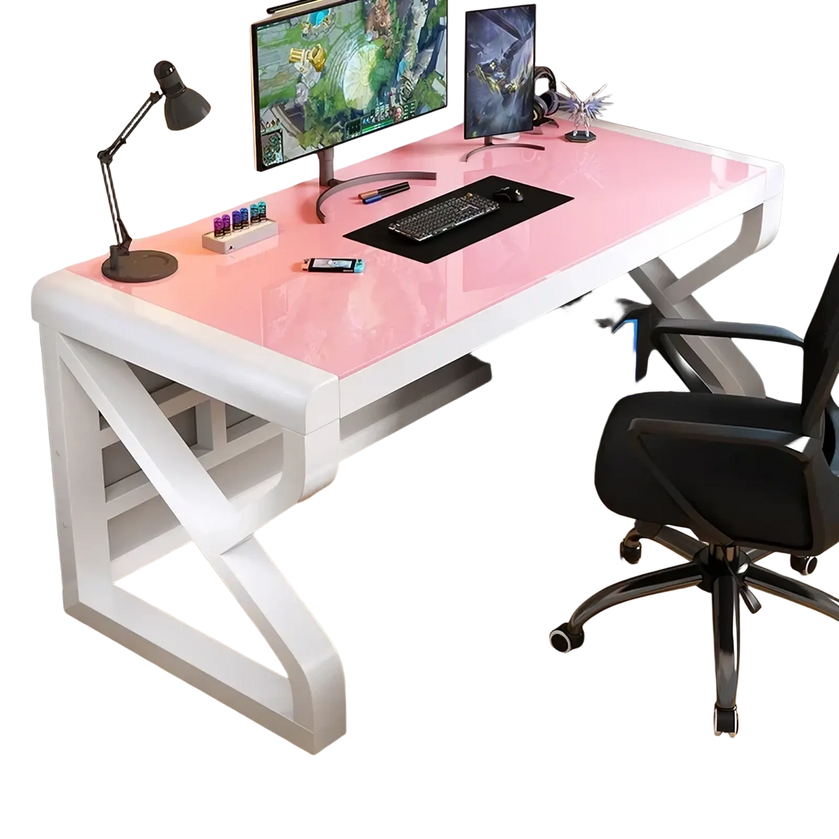 Modern glass office desk with storage shelves featuring a sleek white frame, glossy pink glass top, and x-shaped steel base