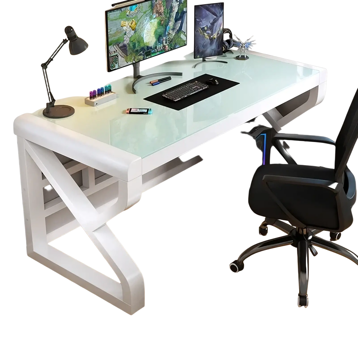 Modern glass office desk with storage shelves featuring a white glass top with glossy finish and sturdy white steel frame