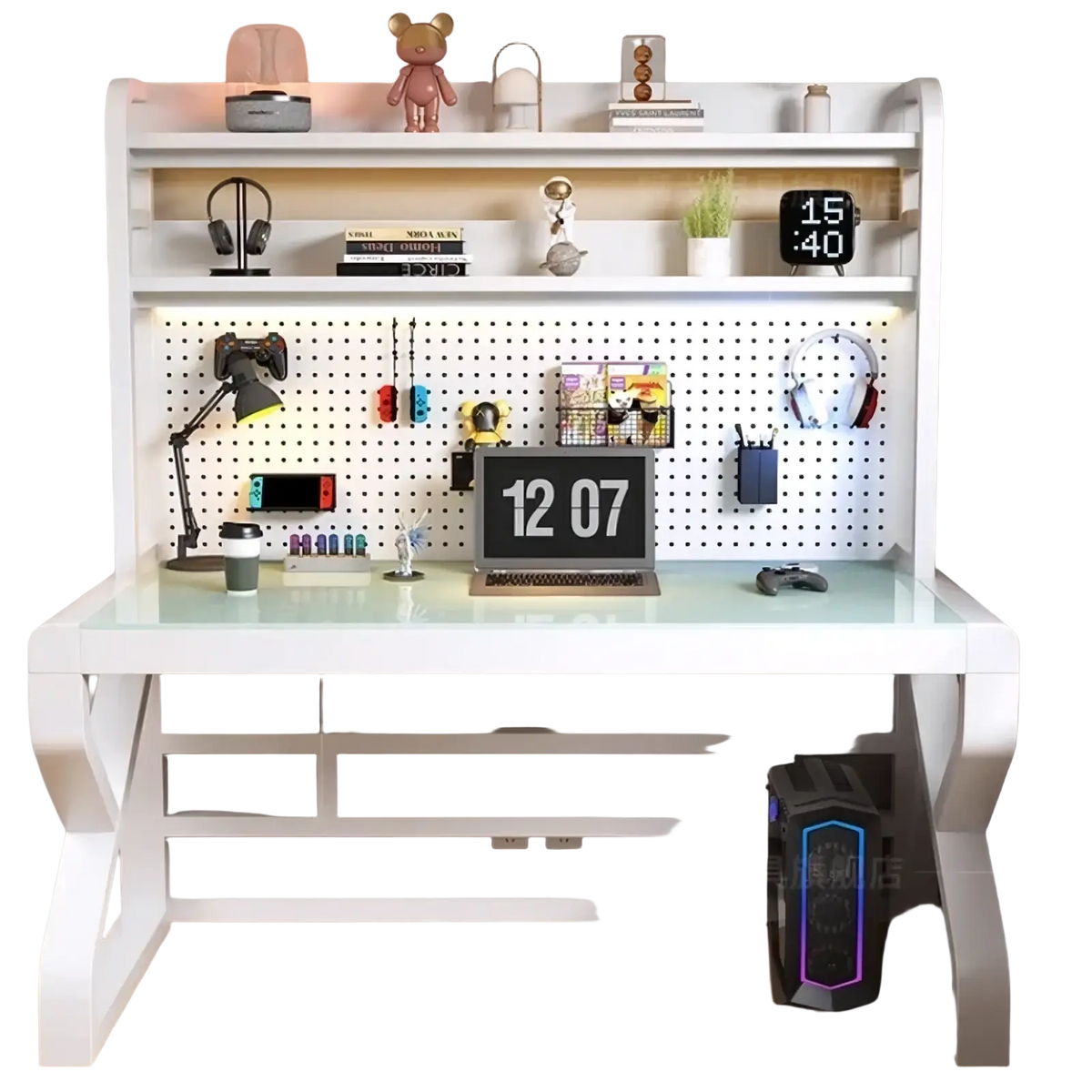 Modern glass office desk with white glass top and integrated pegboard shelf system for organized workspace storage