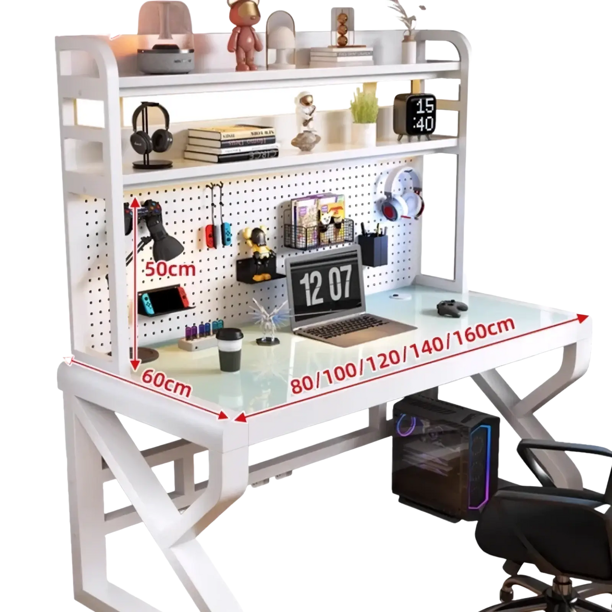 White modern office desk with glass top and pegboard shelf system for organized workspace storage