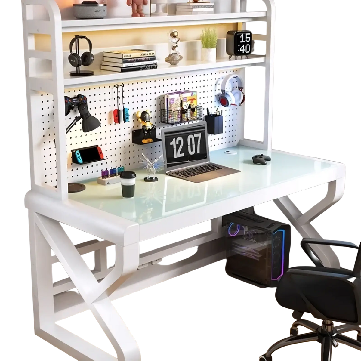 Modern glass office desk with white glass top and x-shaped legs featuring storage shelves for organized workspace
