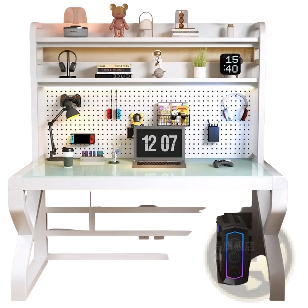 Modern glass office desk with white glass top and integrated pegboard shelf system for organized workspace storage