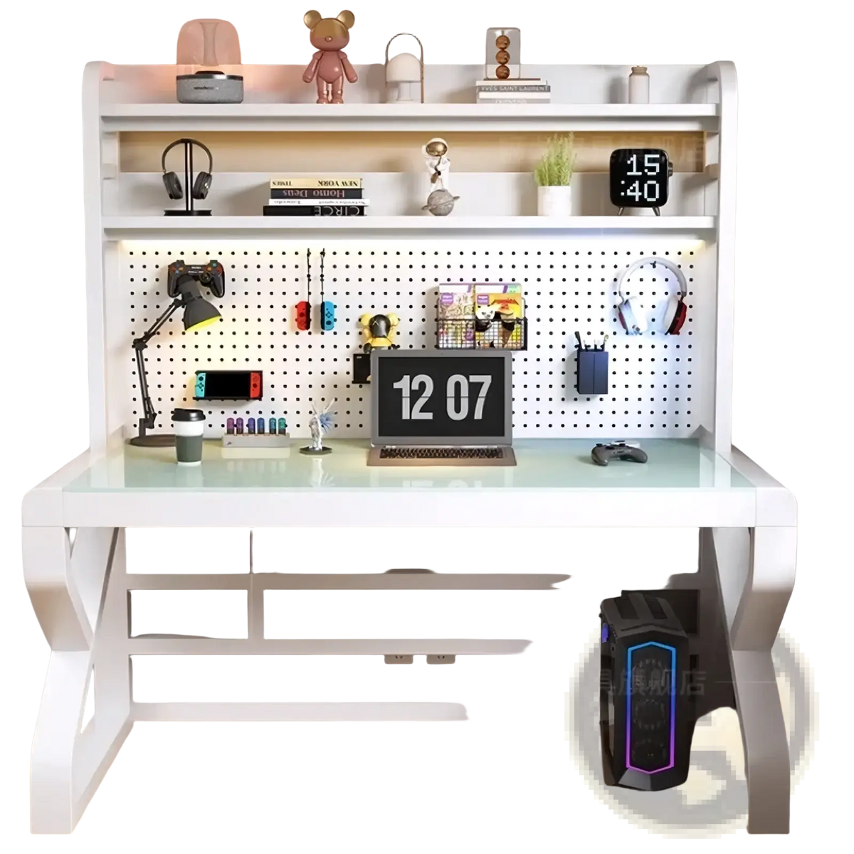 Modern glass office desk with white glass top and integrated pegboard shelf system for organized workspace storage