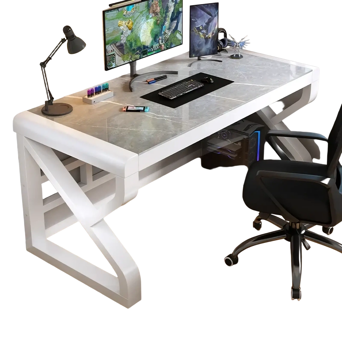 Modern glass office desk with marble-gray glass top white desk and x-shaped steel frame with storage shelves