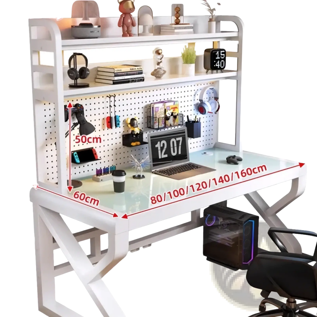 White modern office desk with glass top and pegboard shelf system for organized workspace storage