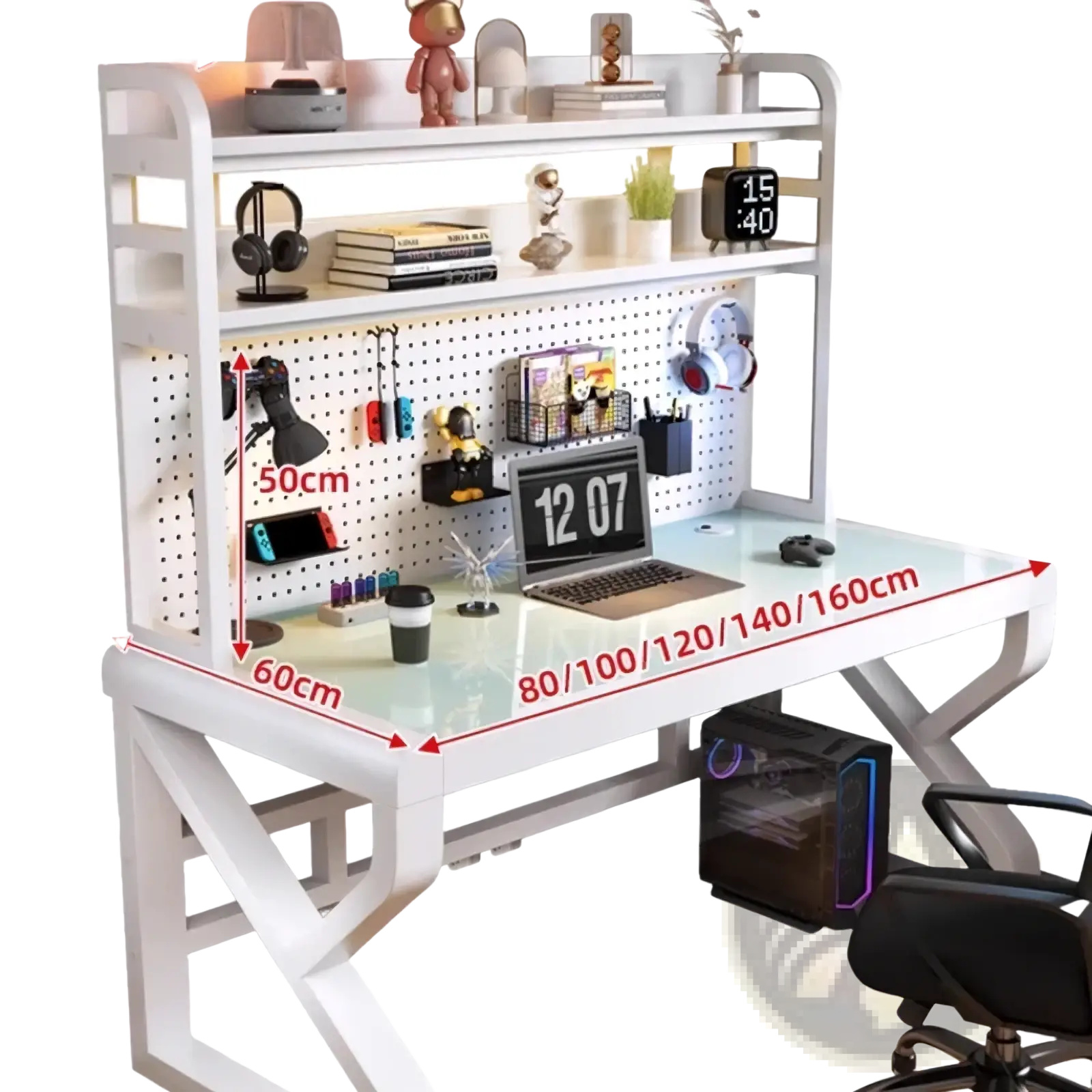White modern office desk with glass top and pegboard shelf system for organized workspace storage