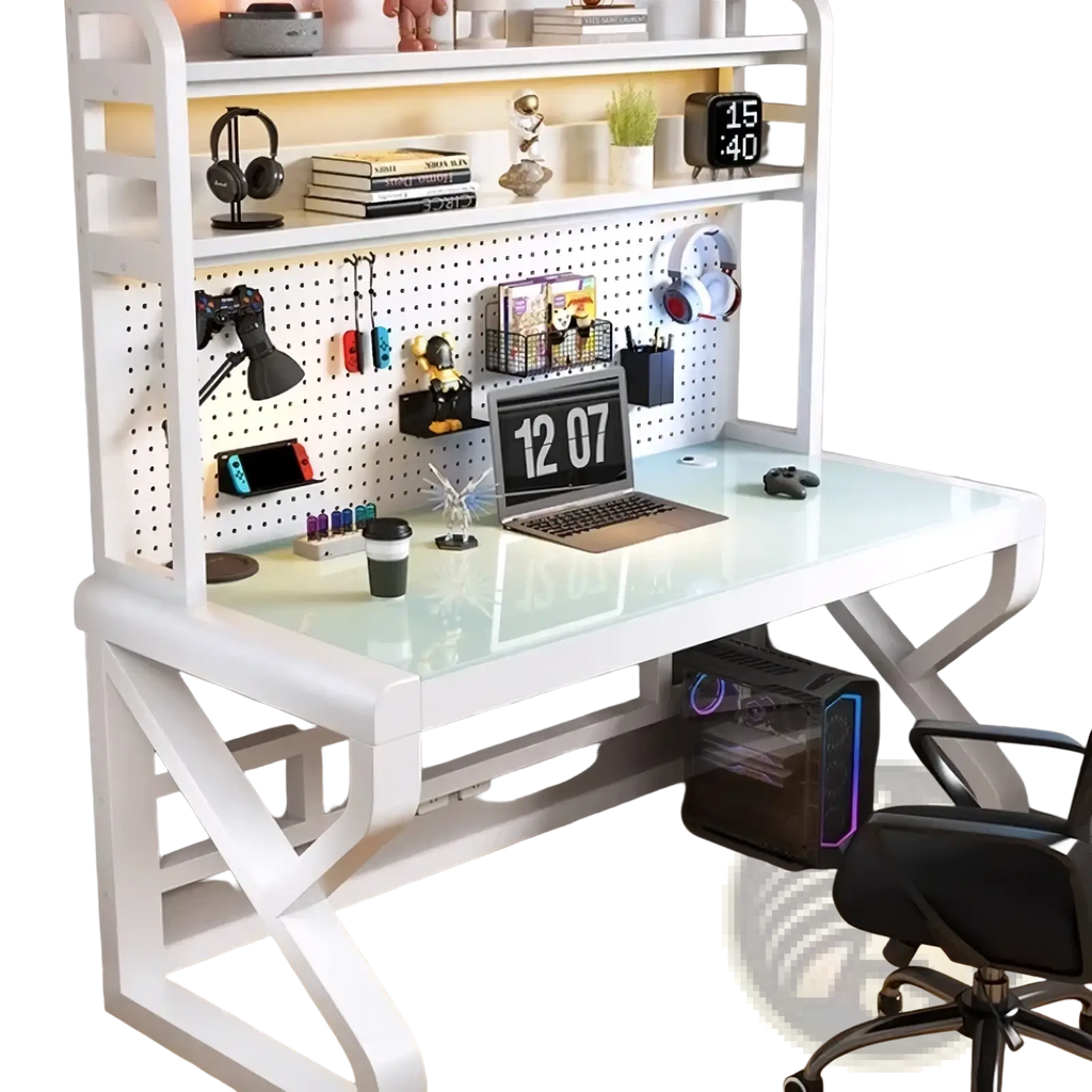 Modern glass office desk with white glass top and x-shaped legs featuring storage shelves for organized workspace