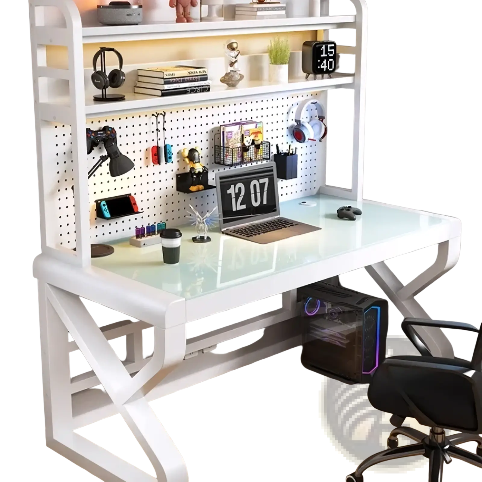 Modern glass office desk with white glass top and x-shaped legs featuring storage shelves for organized workspace