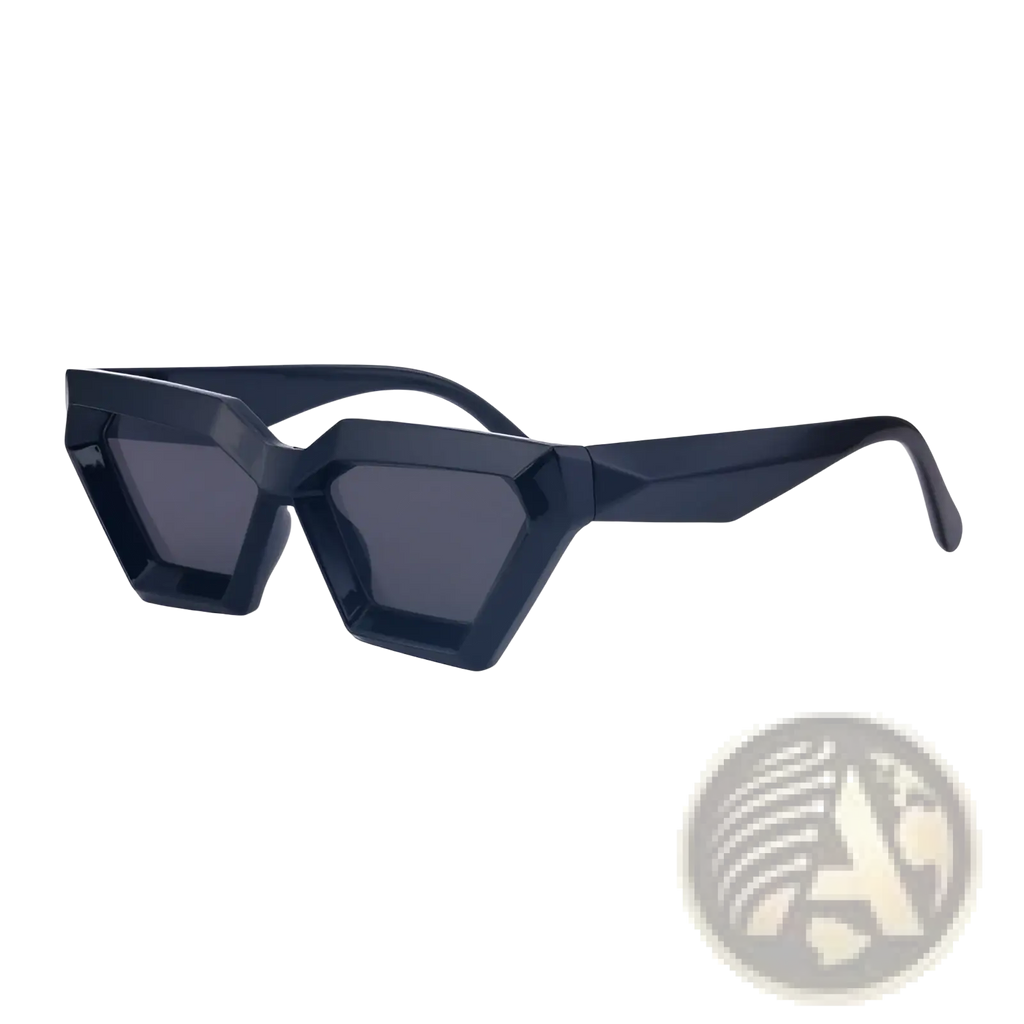 Modern irregular cat eye uv400 geometric sunglasses with black angular faceted frames and dark gray lenses