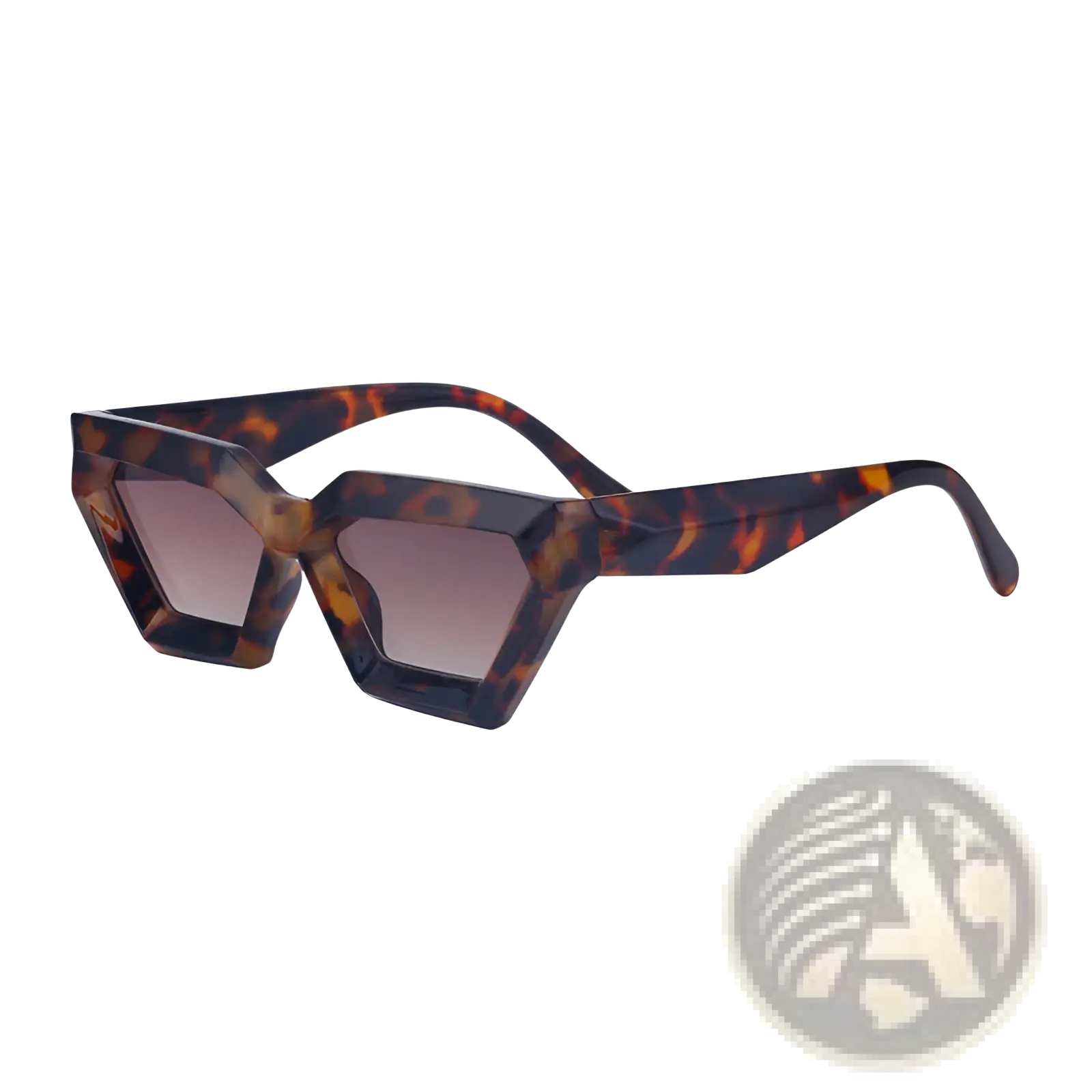 Tortoiseshell-patterned modern irregular cat eye sunglasses with gradient brown UV400 lenses and geometric design