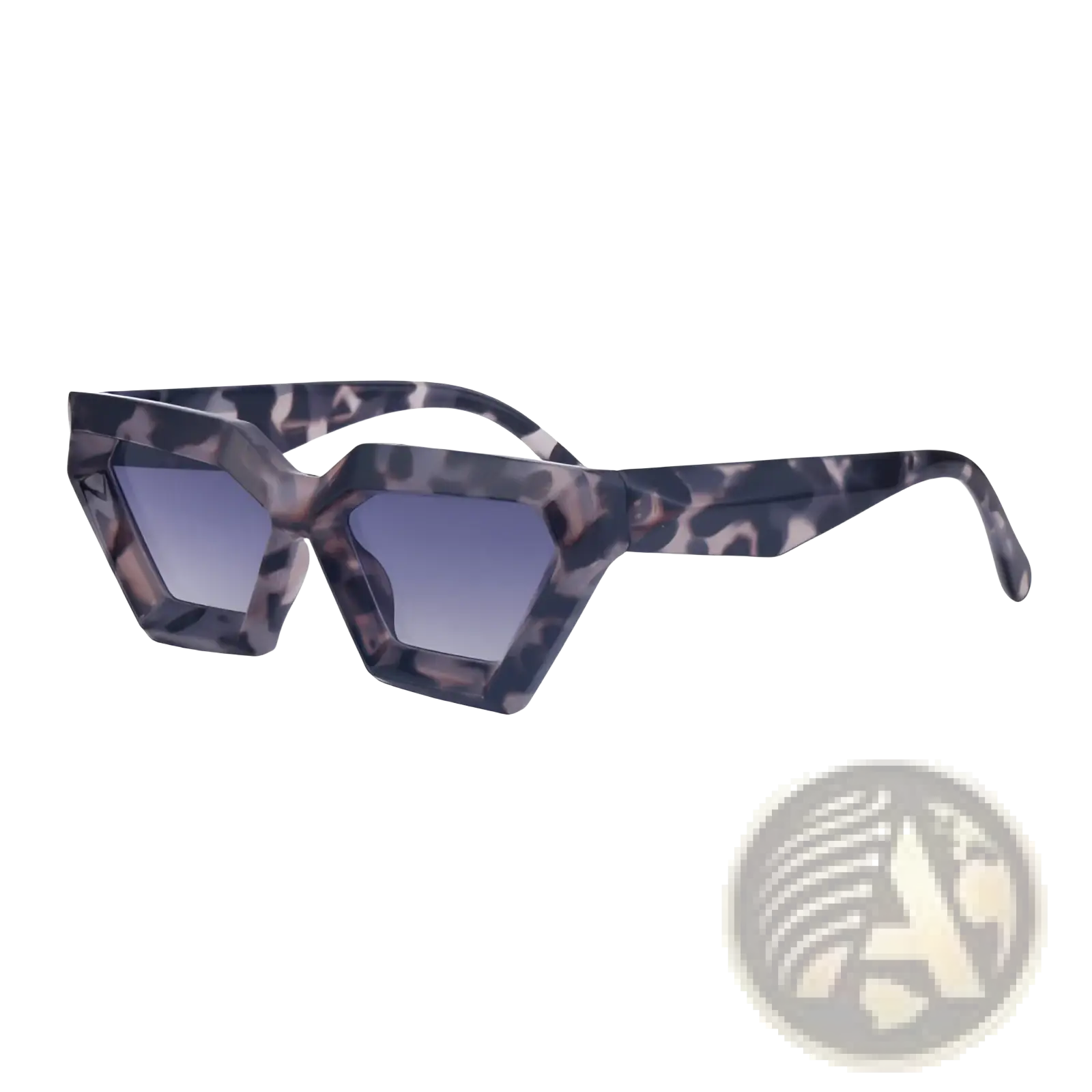 Modern irregular cat eye UV400 sunglasses with dark gray and black leopard print frame and gradient blue lenses